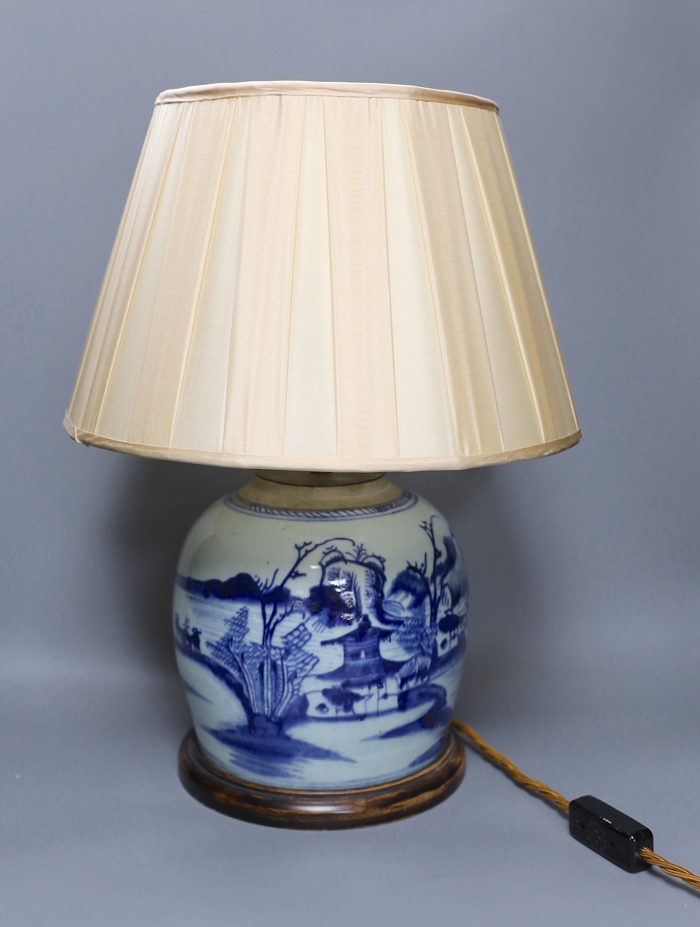 A 19th century Chinese blue and white vase converted into a lamp with shade, overall 49cm tall